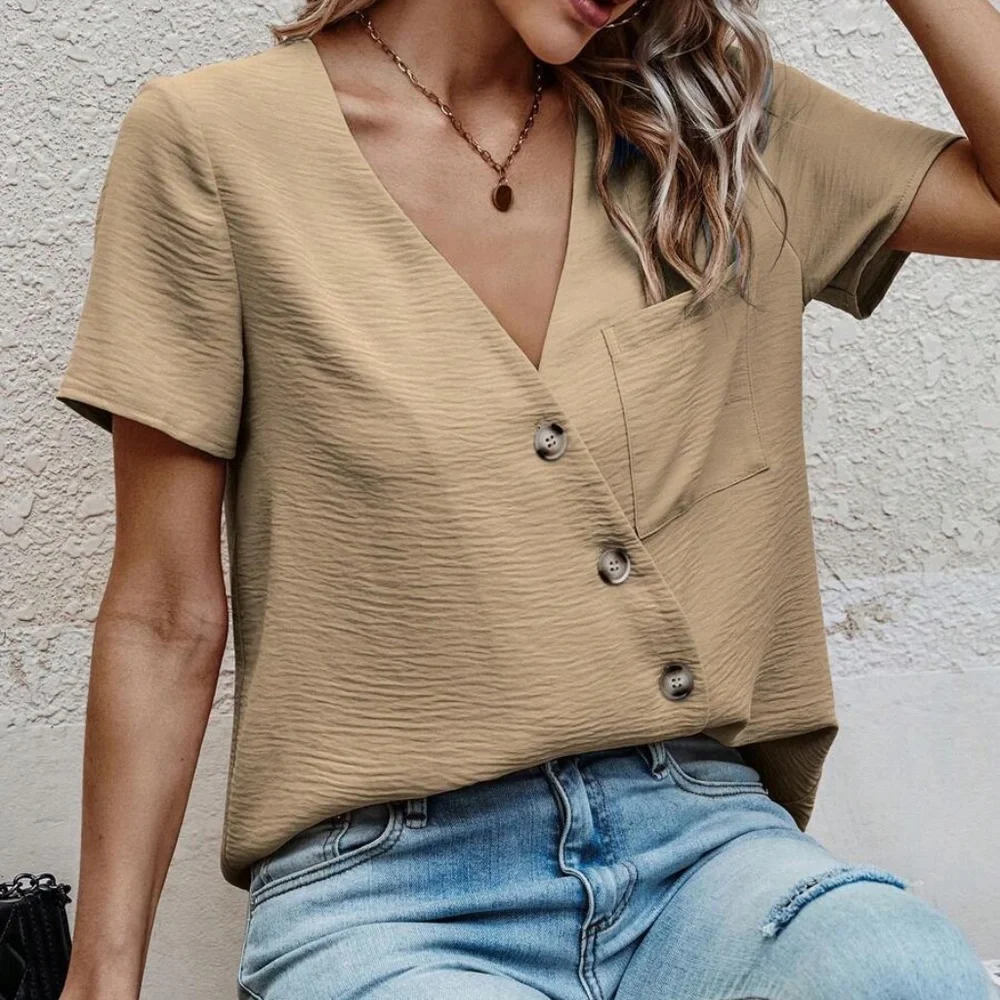 Baby Blue Short sleeve V neck Button Top - Picture 7 of 10